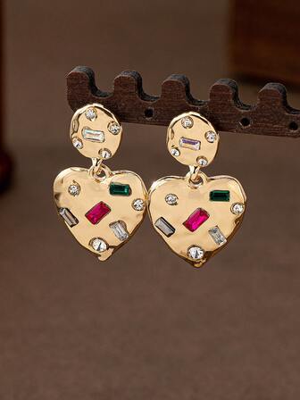 1 对时尚优雅的心形水晶装饰奢华小众耳环