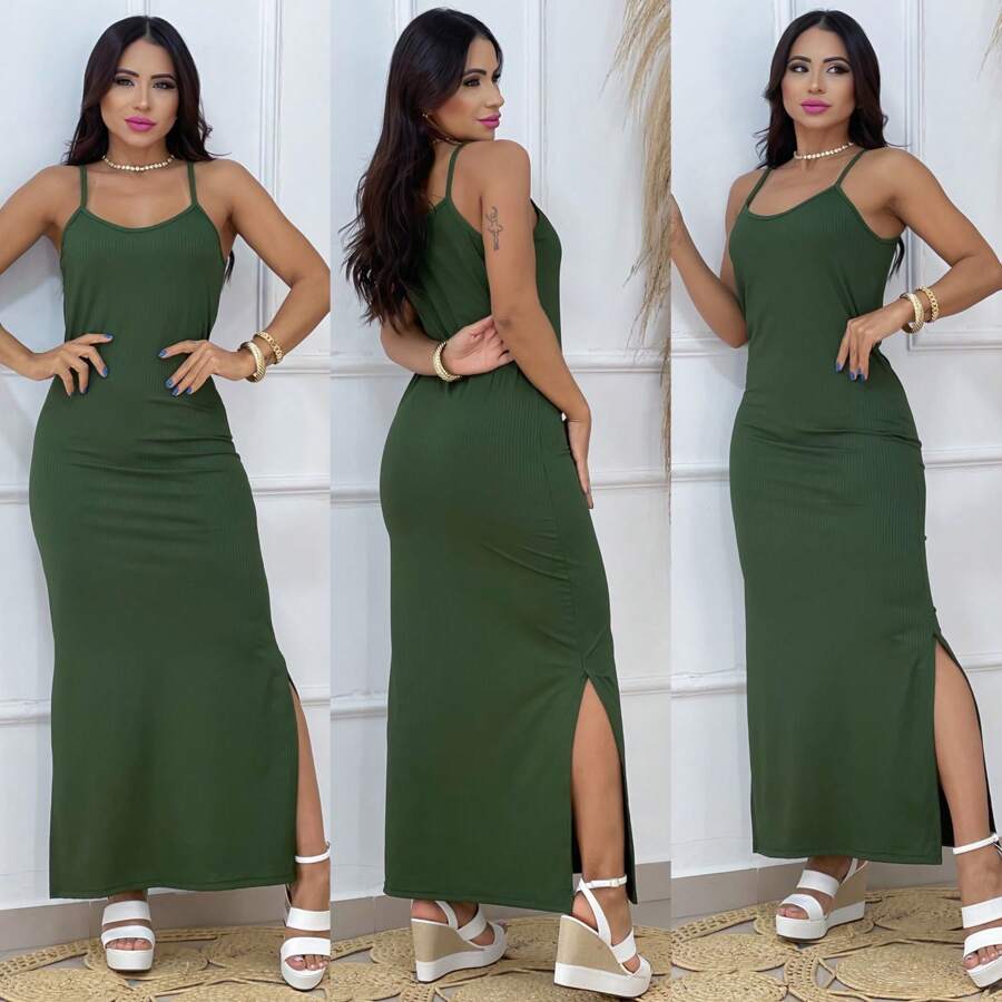 VESTIDO  canelado de alcinha - Verde Militar - Visão 1