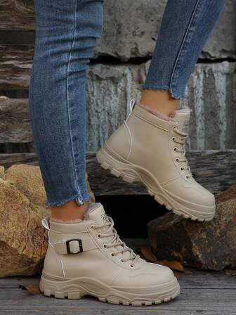 Women's Fashion High-Top Sports Shoes - Thermal Lined , Anti-Slip Warm Ankle Boots, Thick Sole Buckle Snow Boots For Winter