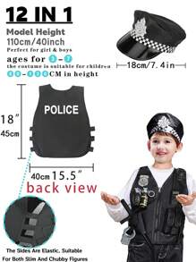 12 件套警察玩具套装，适合男孩和女孩，配有警察角色扮演配件，包括警徽、对讲机、警棍、手铐、警服、防弹衣和警帽。非常适合儿童装扮派对和警察服装。它是圣诞节和生日的完美礼物，适合 6 7 8 岁以上的男孩和女孩 - 黑色 - 查看 2