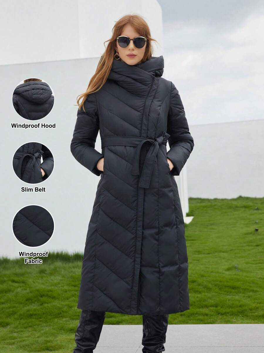Women's Long Hooded Padded Coat With Belt