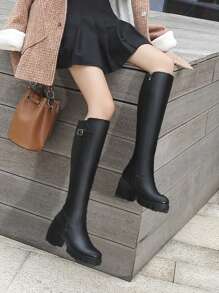 Estilo con cárdigan, botas casuales negro ajustadas para mujeres, tacón grueso de plataforma y punta cuadrada, con detalles de hebilla, botas hasta la rodilla
