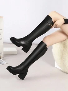 Estilo con cárdigan, botas casuales negro ajustadas para mujeres, tacón grueso de plataforma y punta cuadrada, con detalles de hebilla, botas hasta la rodilla