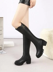 Estilo con cárdigan, botas casuales negro ajustadas para mujeres, tacón grueso de plataforma y punta cuadrada, con detalles de hebilla, botas hasta la rodilla