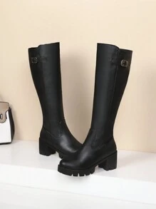 Estilo con cárdigan, botas casuales negro ajustadas para mujeres, tacón grueso de plataforma y punta cuadrada, con detalles de hebilla, botas hasta la rodilla