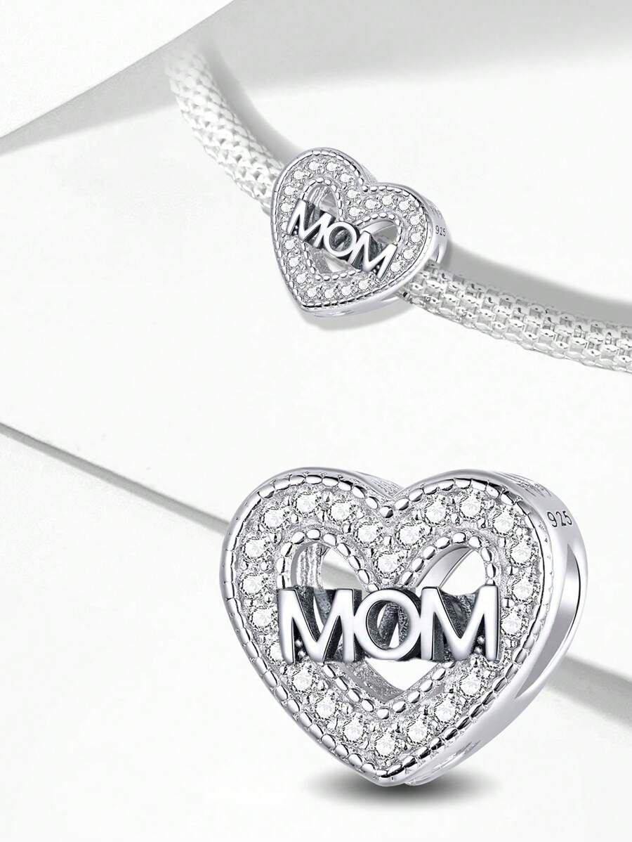 1Pc Fashionable 925 Sterling Silver Sparkling Mom Heart Pendant Charm Bead Fit For Women Bracelets Bangles DIY Jewelry Making And Daily Outfit Matching Jewelry Decoration For Girls Valentines - Silver - View 1