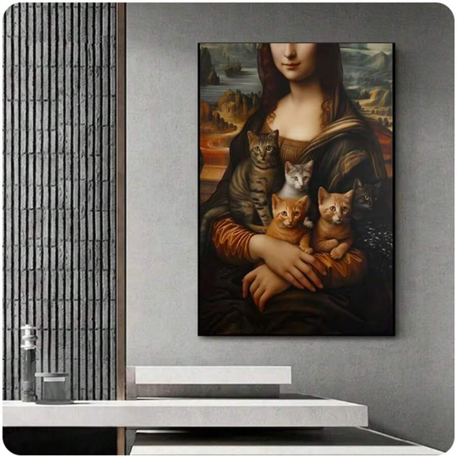 1pc Funny Smiling Mona Lisa With Cute Cats Posters Prints Canvas