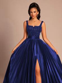 Elegant Blue Pleated Long Gown For Women, Formal High-Slit Evening Dress,Long Dresses Formal Dresses For Women