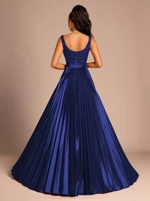 Elegant Blue Pleated Long Gown For Women, Formal High-Slit Evening Dress,Long Dresses Formal Dresses For Women