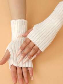 1 双纯色针织腈纶露指手套，百搭且保暖，适合冬季女士 - 彩色 - 查看 8