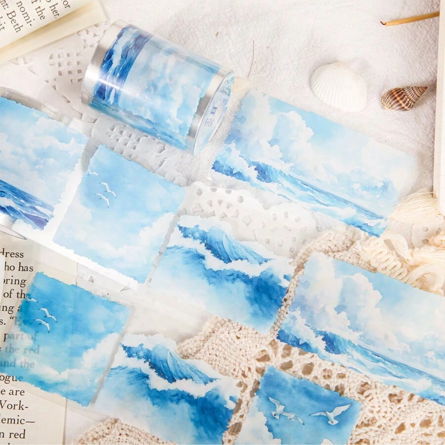 1 Roll 2m Green Plant And Cloud Scenery PET Washi Tape, Decorative Scrapbooking Sticker