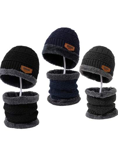 3pcs/Set Men's Knitted Beanie Hats With Neck Cover, Warm Thermal Lined, Fashionable Caps For Cycling/Driving In Autumn & Winter