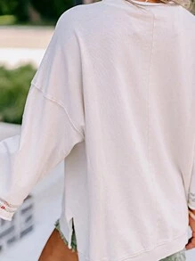 Boho Retro Vintage 60's Vibe Cream Cotton Raglan Lantern Bubble Puff  Sleeve  Floral Rib Patchwork Top Sweat Shirt Blouse - 溪流 - 查看 3