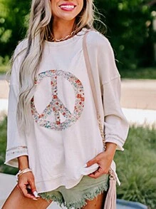Boho Retro Vintage 60's Vibe Cream Cotton Raglan Lantern Bubble Puff  Sleeve  Floral Rib Patchwork Top Sweat Shirt Blouse - 溪流 - 查看 5