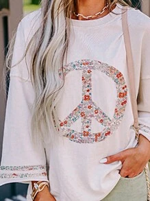 Boho Retro Vintage 60's Vibe Cream Cotton Raglan Lantern Bubble Puff  Sleeve  Floral Rib Patchwork Top Sweat Shirt Blouse - 溪流 - 查看 2