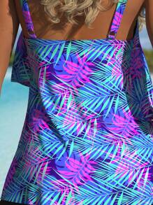 2 Piece Leaf Print Ruffled Tankini Set - Asymmetric Cami Top With Ruffle Details, Plain Boxer Shorts - Women's Swimwear, Comfortable And Flattering Swimsuits For Beach Vacation - 藍色 - 查看 5