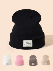 1pc Women's Candy-colored Knitted Hat With Letter Cloth Mark, Suitable For Autumn/winter Daily Wear - Beige - View 1