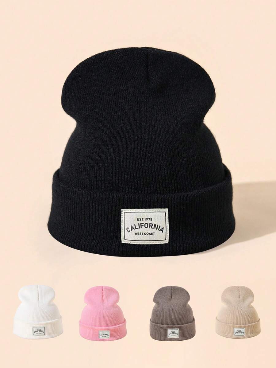 1pc Women's Candy-colored Knitted Hat With Letter Cloth Mark, Suitable For Autumn/winter Daily Wear - Beige - View 1