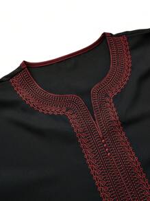 1pc Men's Moroccan Traditional Red Floral Embroidered Robe, Black Background, Soft Polyester Fabric, Comfortable And Loose Casual Wear