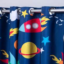 Cortina Quarto Infantil Criança Menino Menina Pequena 2,00x1,40 Ilhos Cromado Astronauta Azul Marinho