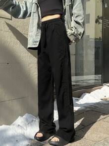 纯色弹力腰阔腿裤，休闲黑色春季款 - 黑色 - 查看 2