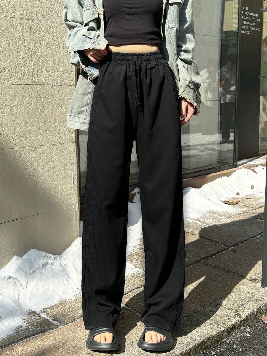 纯色弹力腰阔腿裤，休闲黑色春季款 - 黑色 - 查看 1