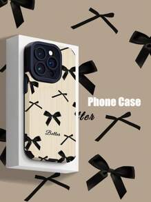 1pc Retro Minimalist Black Bow Vertical Stripe Faux Leather Shockproof Soft Case Compatible With IPhone/ 16/16PLUS/16PRO/16PROMAX