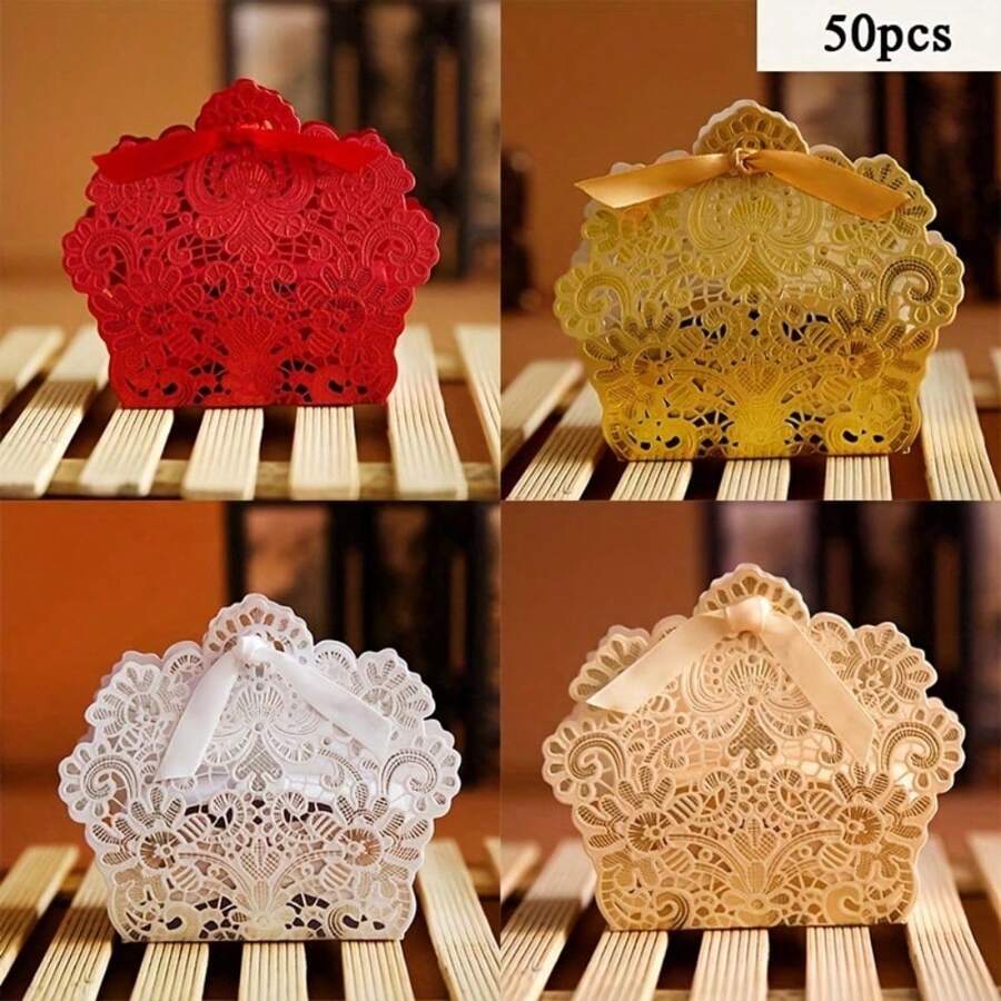 50 PCS Laser Cut With Ribbon Wedding Party Favor Box, Wedding Gift Box