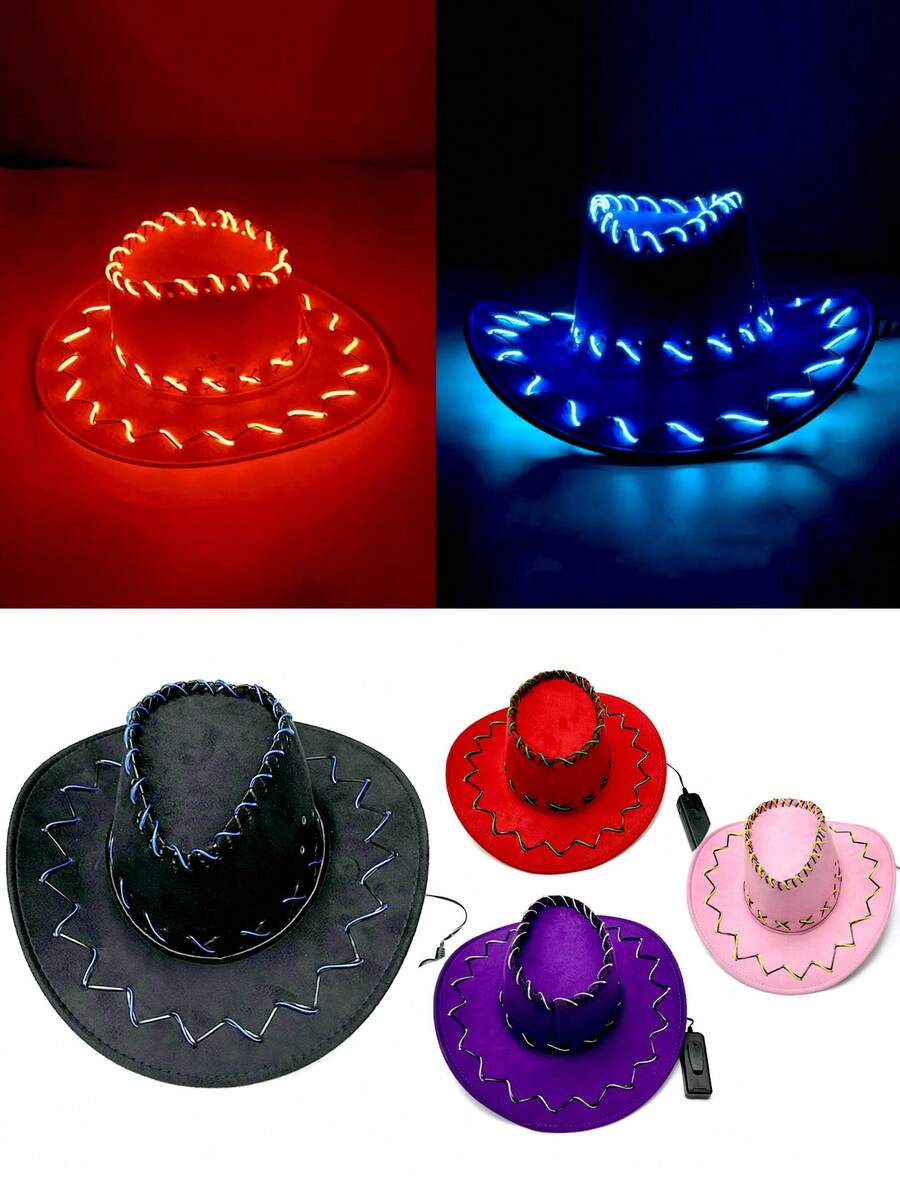 LightUp Western Cowboy Hat, Made Of Polyester, With LED Light Strip