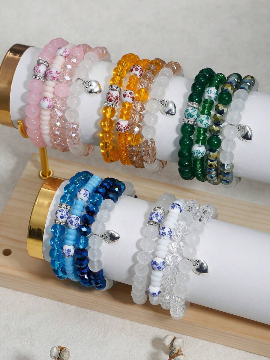 Bộ 4 vòng tay hạt pha lê hình trái tim Bohemian nhiều màu sắc dành cho nữ Bộ vòng tay hạt pha lê hình trái tim Bohemian nhiều lớp có thể điều chỉnh Bộ trang sức Boho - 4 cái - Xem 1