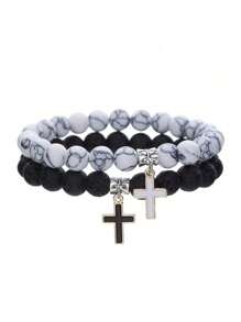 1 conjunto de 2 peças de design de estilo de rua, turquesa branca e pedra de lava, contas de astronauta e gota de cruz oca, kit de pulseira de cor contrastante de óleo para casais e presente de festival, Natal, Ano Novo, Dia dos Namorados, presente de feriado