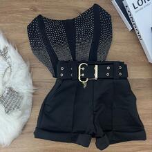 ZIPPER BACK CROPPED SET WITH RHINESTONES AND BELT SHORTS - 黑色 - 查看 2