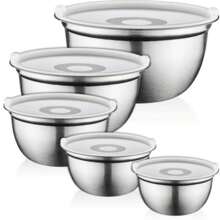 Premium Stainless-Steel Mixing Bowls With Airtight Lids (Set Of 5) Nesting Bowls For Space-Saving Storage, Easy-Grip Stability Design Mixing-Bowl Set Versatile For Cooking, Baking, Food Storage - Silver - View 1