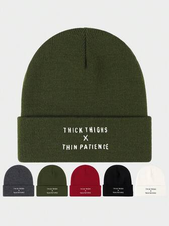 1pc Embroidered "THICK THIGHS X THIN PATIENCE" Knit Beanie, Outdoor Street Casual Warm Winter Hat, Suitable For Daily Commute Men Women Clothing Winter