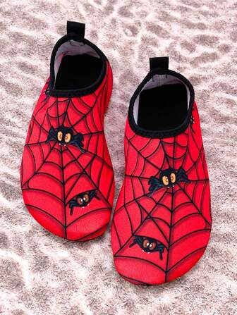 Kids Outdoor Beach Shoes, Boys' Red Spider Web Soft Bottom Lightweight Breathable Swimming Water Shoes, Suitable For Outdoor, Beach, Halloween Party
