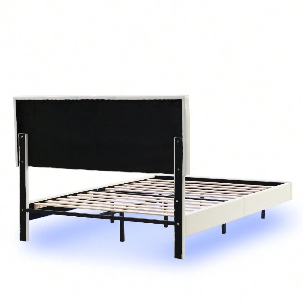 Queen Size Floating Bed Frame With LED Lights And USB Charging,Modern