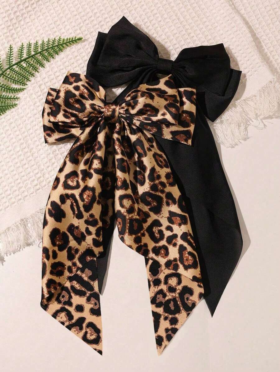 1-3 piezas Clip de pelo vintage elegante con estampado de lazo y leopardo, clip de resorte para otoño e invierno