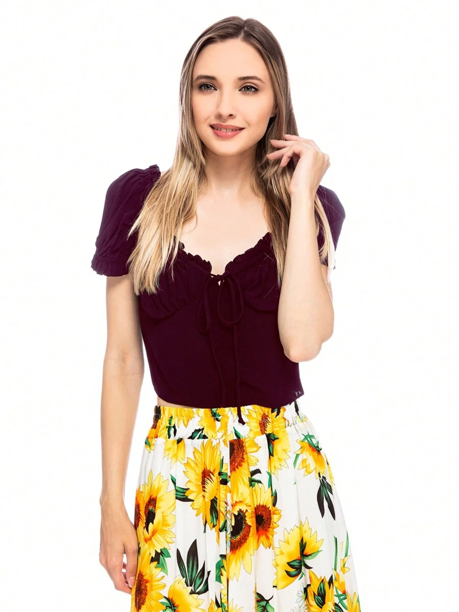 Womens Bavarian Dirndl Blouse Waitress Costume Renaissance Crop Top - Burgundy - View 1