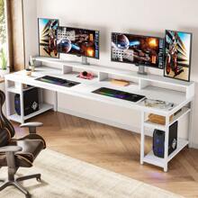 Tribesigns Two Person Desk With Monitor Stand, 78.74" Long Double Computer Office Desk With Storage Shelves, Large Gaming Desk Study Writing Table Workstation For Home Office, Rustic Brown - 白色 - 查看 4