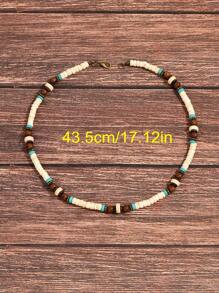 1pc Summer Bohemia White Coconut Surfer Necklace For Men, Jewelry, Vintage Wooden Beads Necklace For Men(Glass Beads Come In Random Colors)