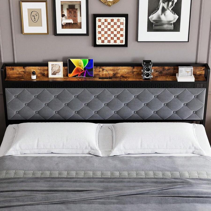 Metal Platform Bed Frame, Headboard And 2 Drawers, With Led Lights, USB