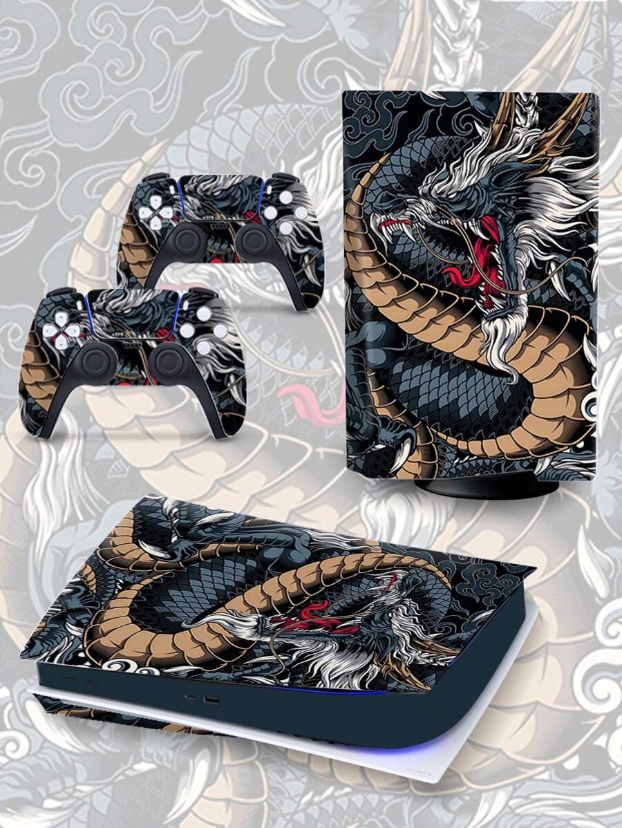 A Set Of PS5 Optical Drive Edition Green Dragon White Tiger Elemental Pattern Featured Stickers, Containing Console Console, Handle, Side Stickers, Using Air Guide Channel PVC Material, For No-Cut Process. A Great Choice To Decorate Your Game Console!!!! - Multicolor - View 1