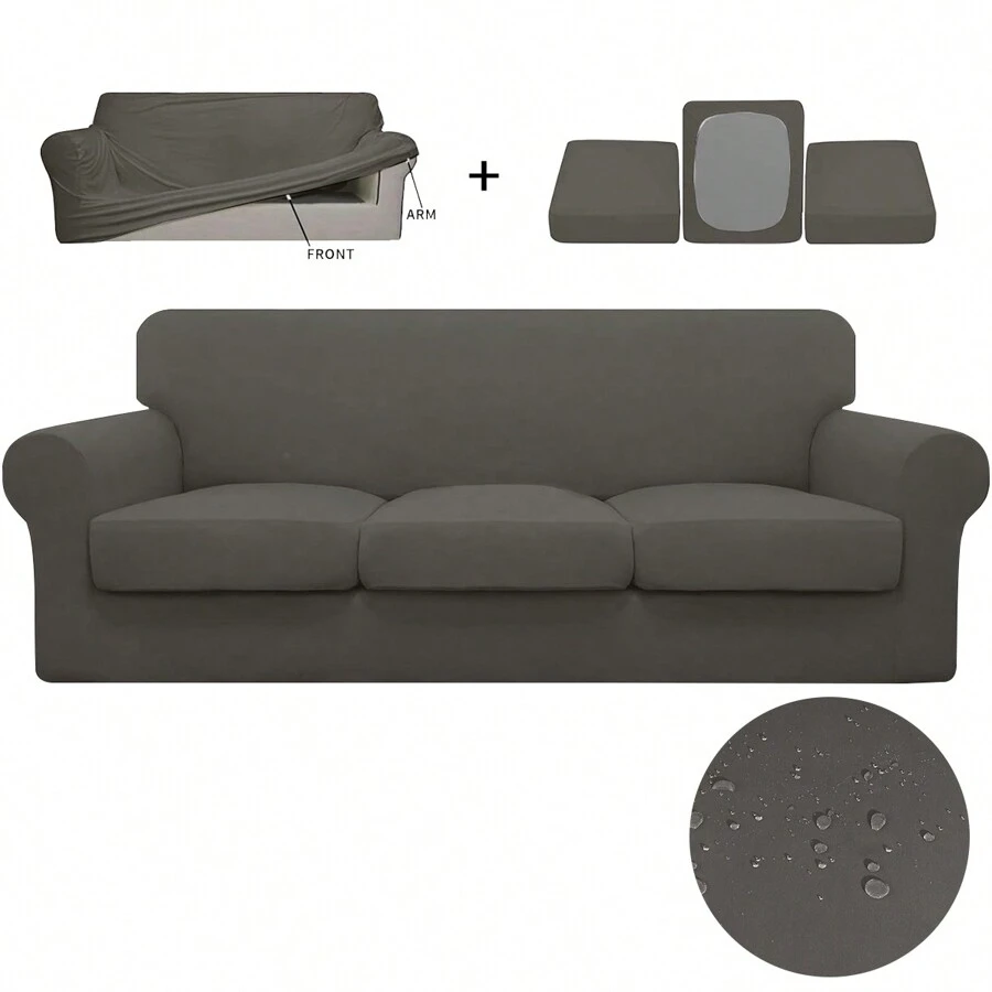 1set Milk Silk Stretch Dustproof & Claw-Resistant Sofa Slipcover With Seat Cushion Covers - Grey - View 1