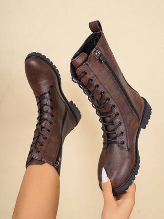 Women's Fashion Versatile Lace-Up Mid-Calf Boots/Ankle Boots/Booties, Motorcycle Boots, Short Boots, High-Top Anti-Skid Boots, Casual Comfortable Side Zipper Outdoor Boots, Riding Outdoor Black Boots, Autumn/Winter Boots, Knee-High Boots