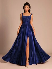 Elegant Blue Pleated Long Gown For Women, Formal High-Slit Evening Dress,Long Dresses Formal Dresses For Women