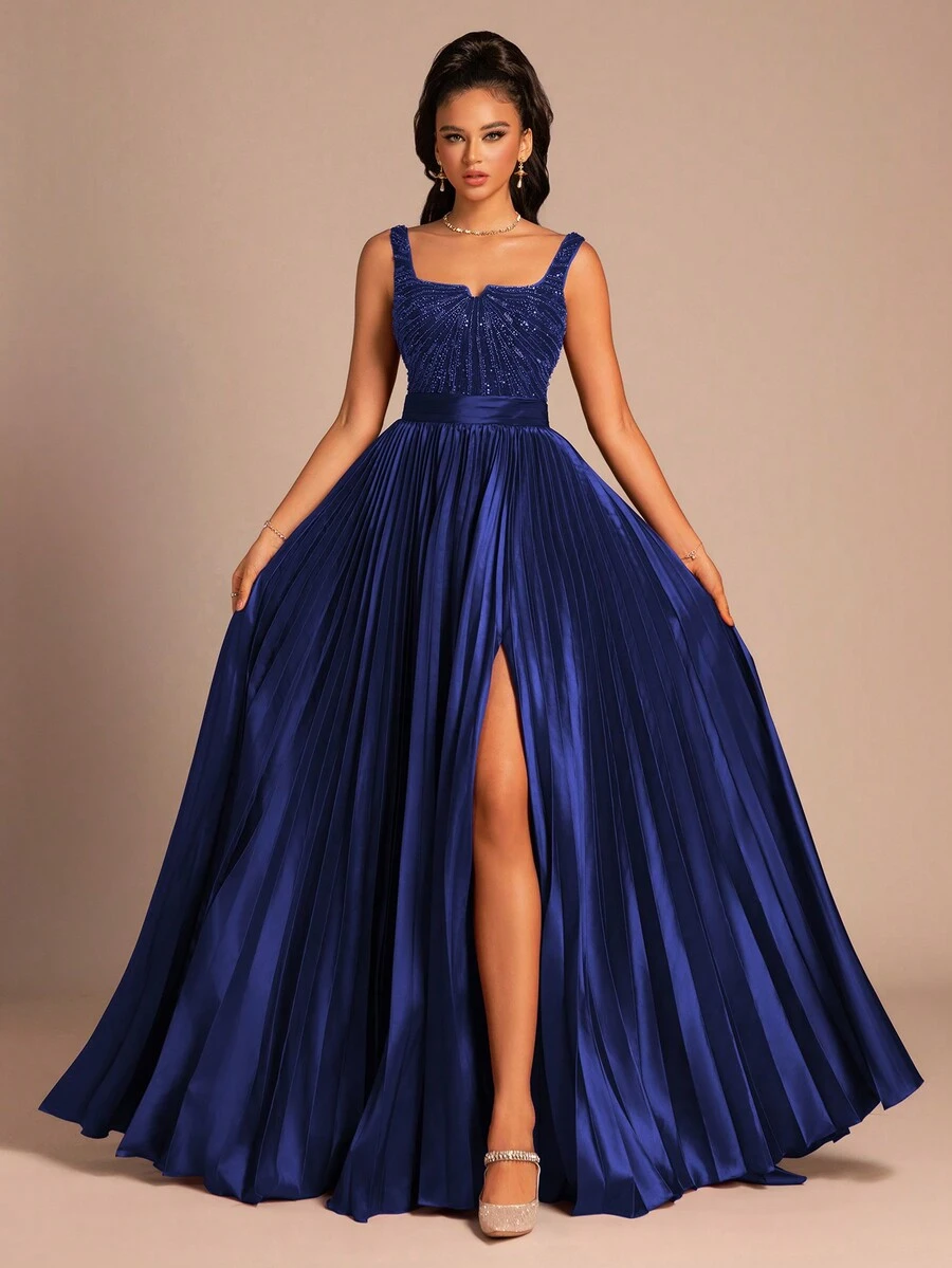 Elegant Blue Pleated Long Gown For Women, Formal High-Slit Evening Dress,Long Dresses Formal Dresses For Women