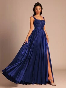 Elegant Blue Pleated Long Gown For Women, Formal High-Slit Evening Dress,Long Dresses Formal Dresses For Women