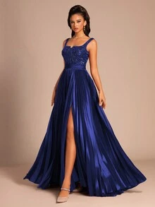 Elegant Blue Pleated Long Gown For Women, Formal High-Slit Evening Dress,Long Dresses Formal Dresses For Women