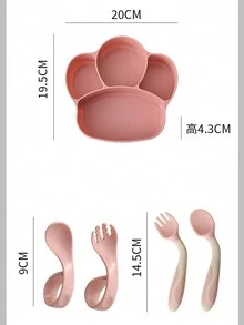 Set De 8 Piezas Juego De Cuchara y Tenedor De Silicona Para Bebé, Adecuado Para Bebés y Niños Pequeños, Hecho De Silicona, Diseño Dividido, Cuchara y Tenedor De Mango De Madera, Plato De Silicona Para Niños Apto Para Microondas y Lavavajillas, Regalo Para Niños - Rosa - Ver 6