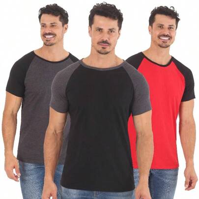 Kit 3 Camisetas Raglan Masculina Camisa 100% Algodão